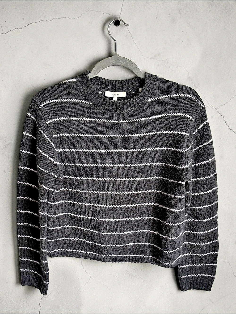 Vince Stripe Pebbled Organic Cotton Blend Sweater Gray & White Small